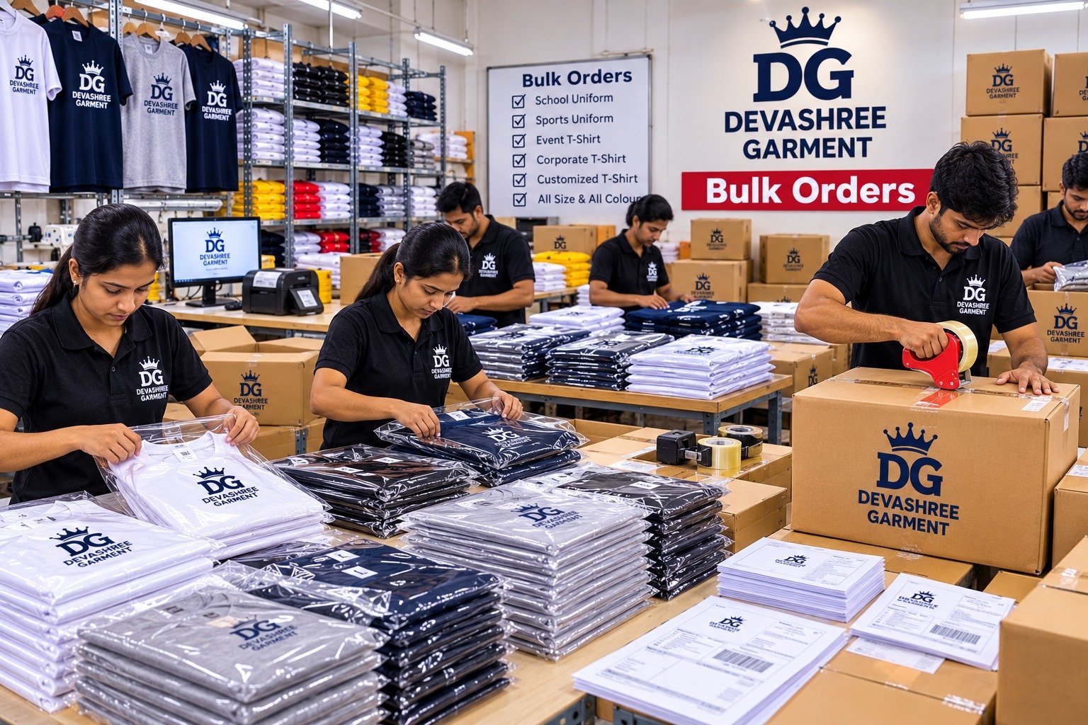 Bulk garment orders being packed for dispatch