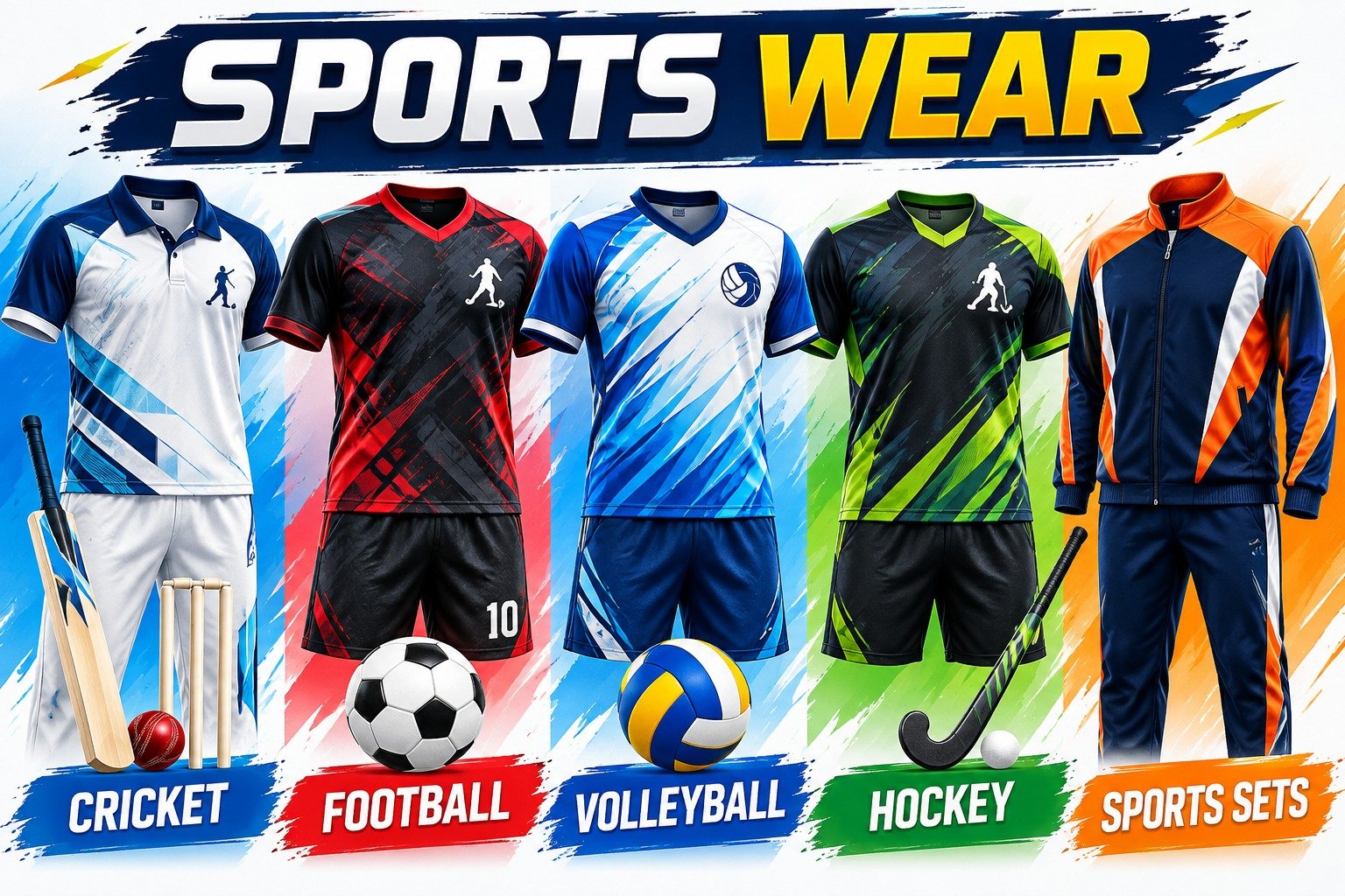 Cricket, football, volleyball, hockey and sports uniforms